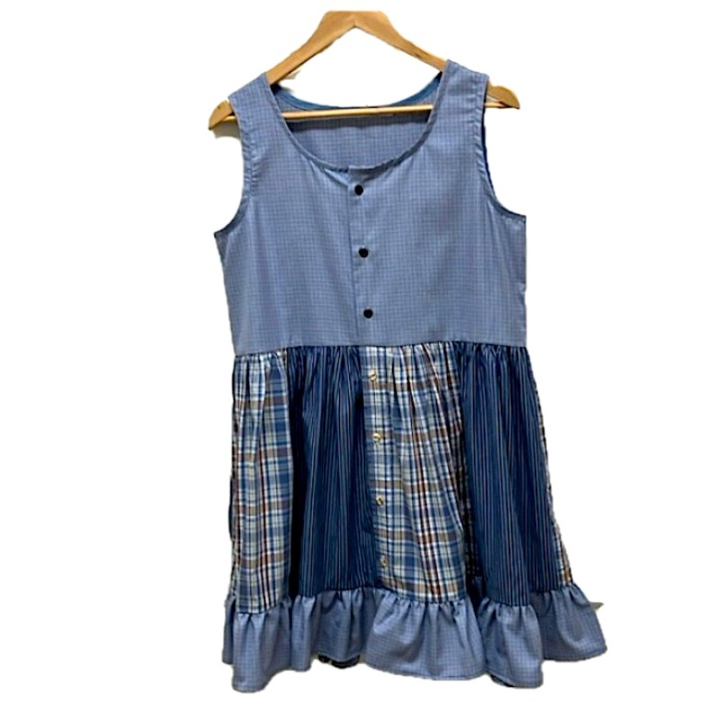 Handmade Twee summer dress, sleeveless, scoop neck, ruffles, blue & white M